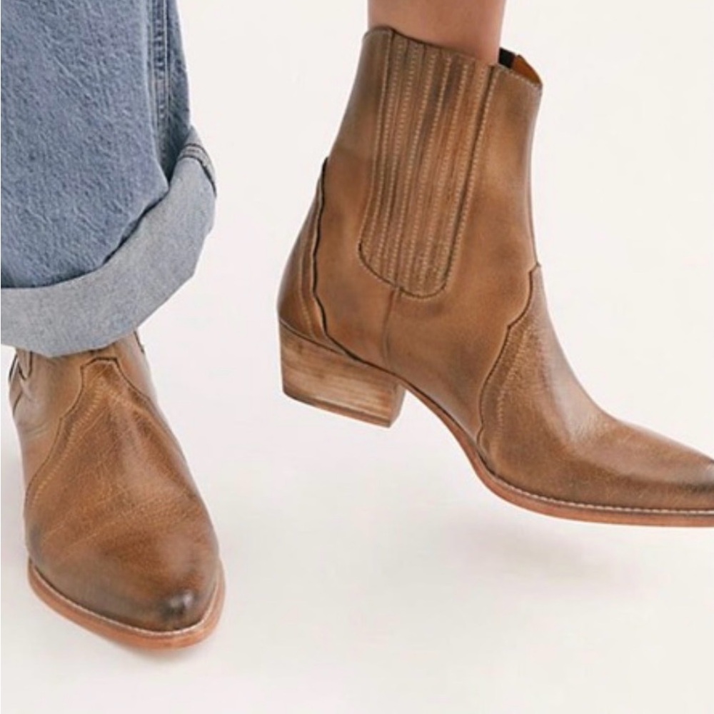 Free People New Frontier Distressed Tan Leather Chelsea Booties